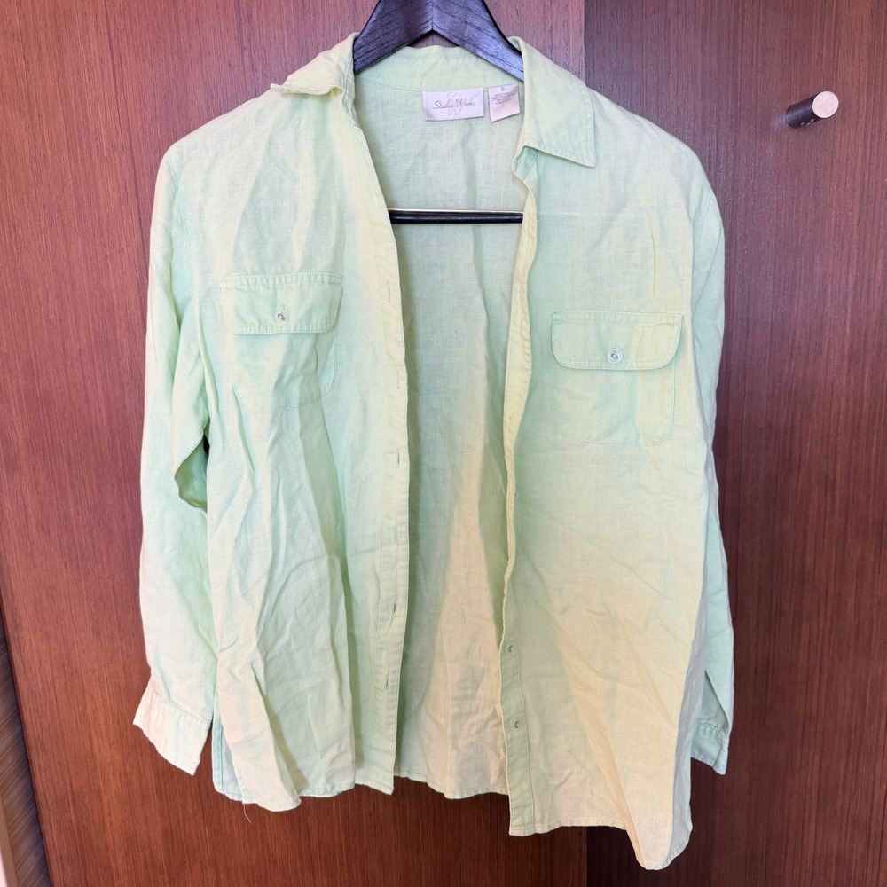 Studio Works Womens Small Lime Green 100% Linen Button Down Roll Tab Shirt Top